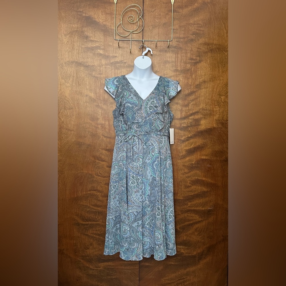 Harper Rose Sleeveless Ruffle Midi Dress Womens 14 Blue Paisley V-Neck Wedding